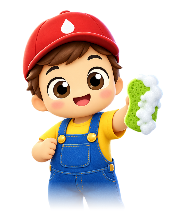 The Cleaner Boy mascot holding a foamy sponge